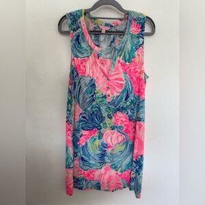 Vibrant Sleeveless Dress with Pink and Blue Patterns